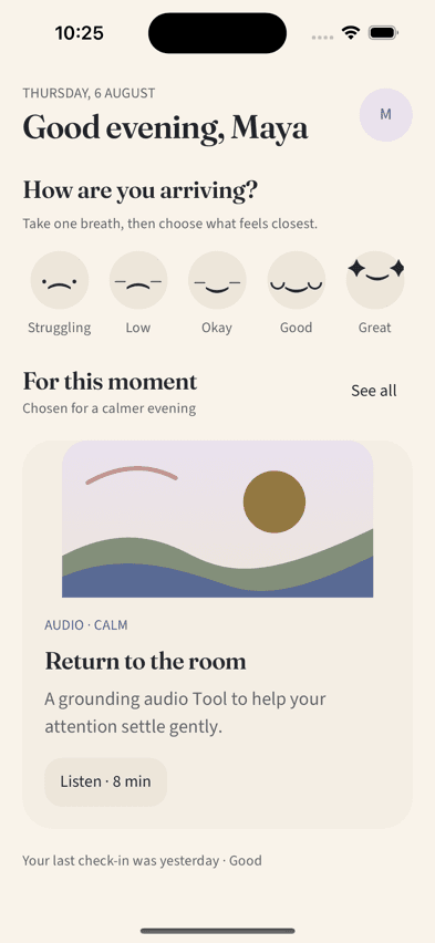 Moonshadow Today screen with mood check-in and recommended Tool